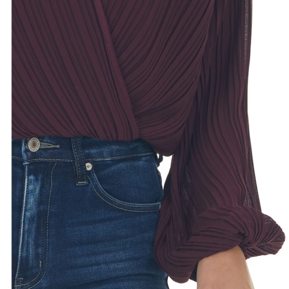 Plum Surplice Long Sleeve Pleated Blouse - Picture 3 of 5